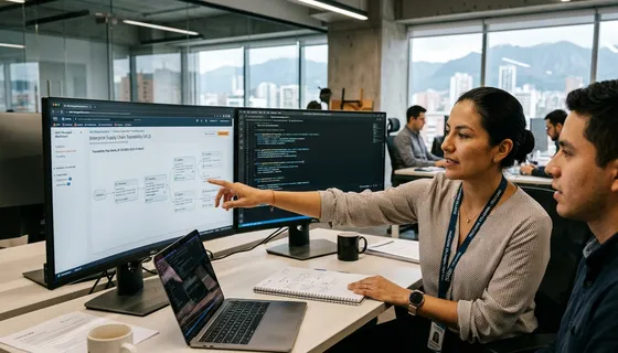 Ingenieros revisando arquitectura de trazabilidad y contratos inteligentes en Bogotá