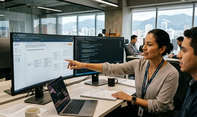 Ingenieros revisando arquitectura de trazabilidad y contratos inteligentes en Bogotá