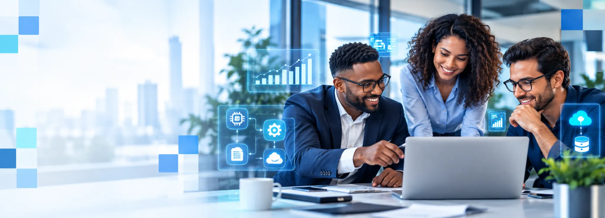 Equipo profesional colaborando en soluciones digitales y tecnología empresarial