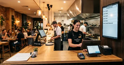 Mostrador de restaurante con terminal de punto de venta y pedidos digitales