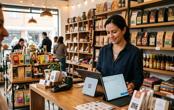 Sistema de punto de venta MicroPOS operando en mostrador de comercio