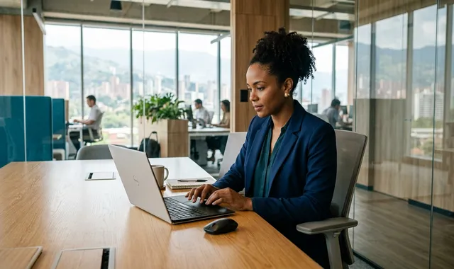 Ingeniera de software revisando una aplicación web operativa en entorno corporativo moderno