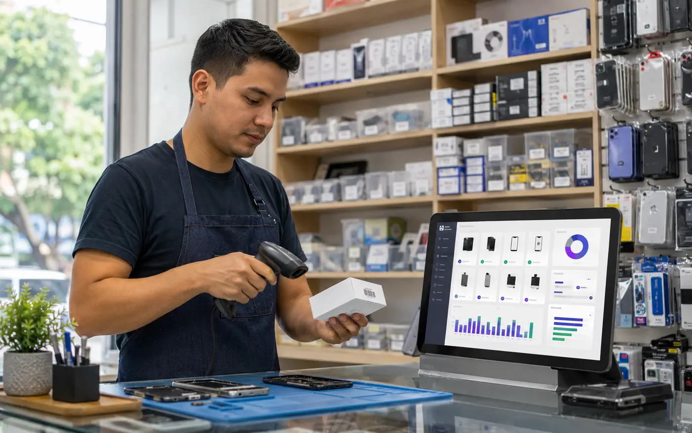 Taller de celulares escaneando repuestos para controlar inventario