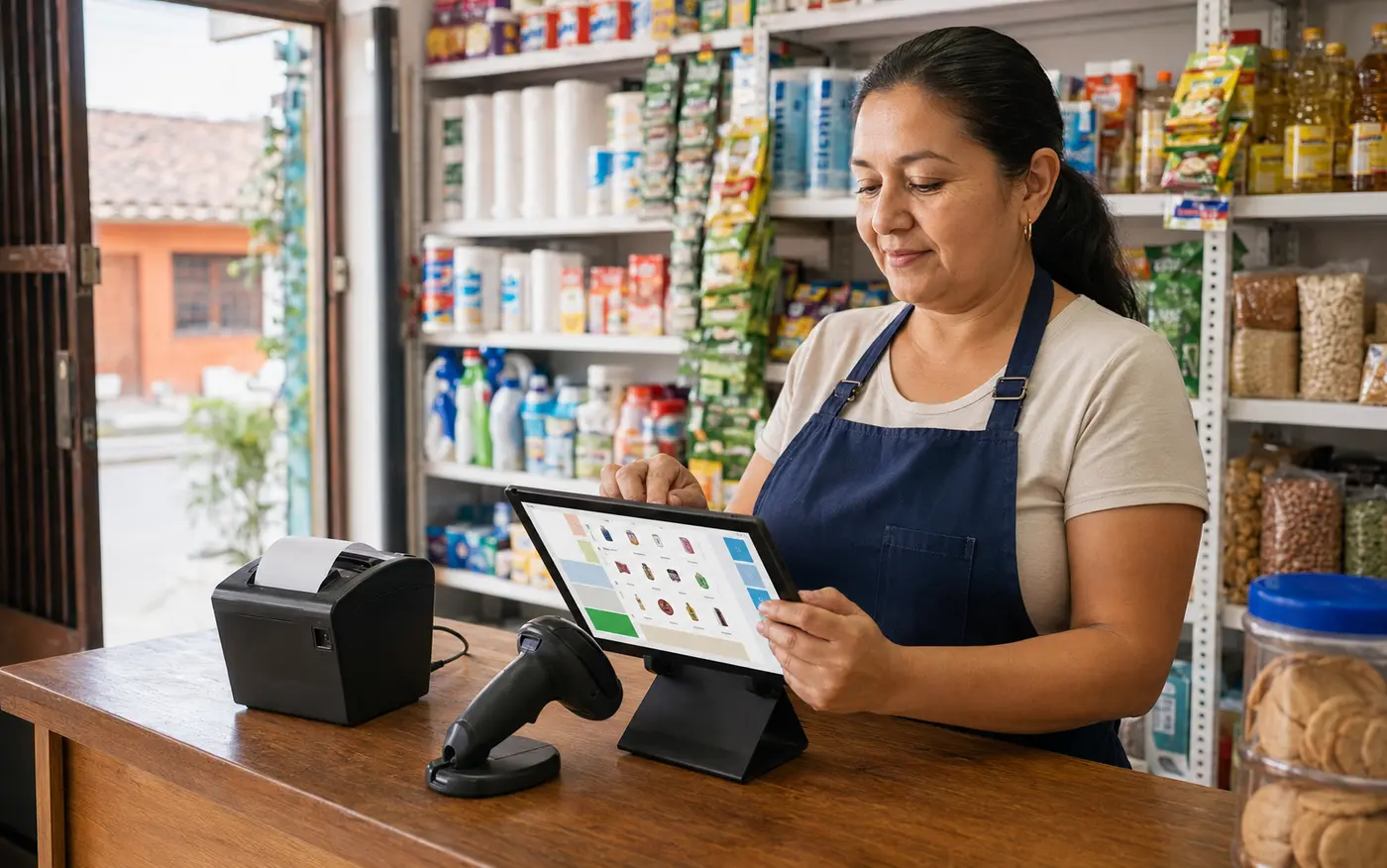 Pequeña tienda usando una tablet, impresora térmica y escáner